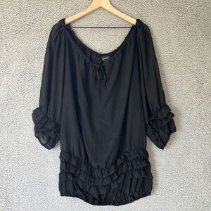 ASHRO Ruffled Top Womens 14 Black Sheer Blouson 3/4 Sleeve Career Office Goth